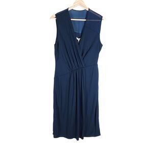 Halston Heritage Womens Dress 6 Blue Sleeveless Draped Midi Cocktail Classic